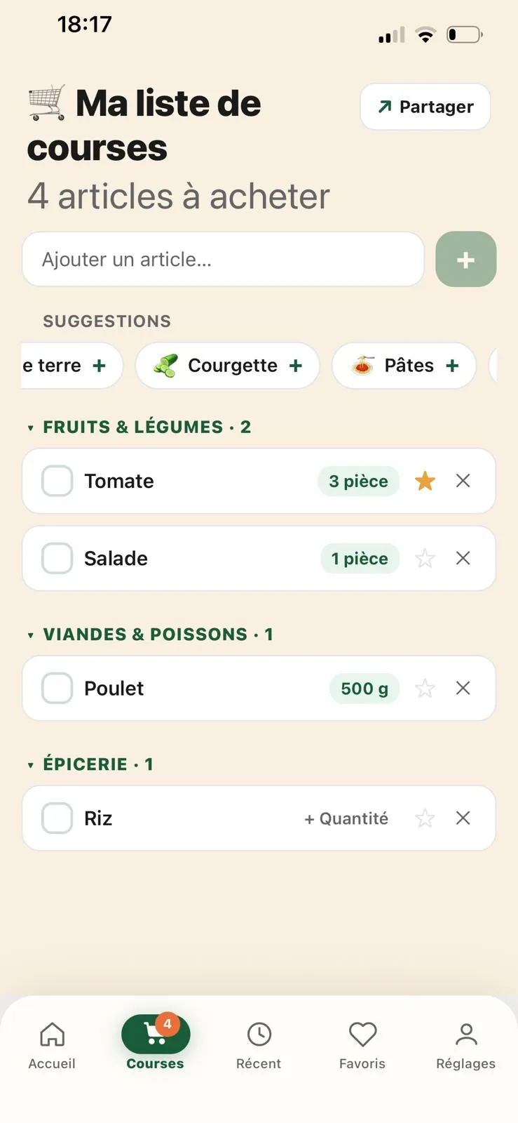La liste de courses de SnapMEAL : 4 articles rangés par rayon (fruits et légumes, viandes et poissons, épicerie), avec quantités et bouton Partager