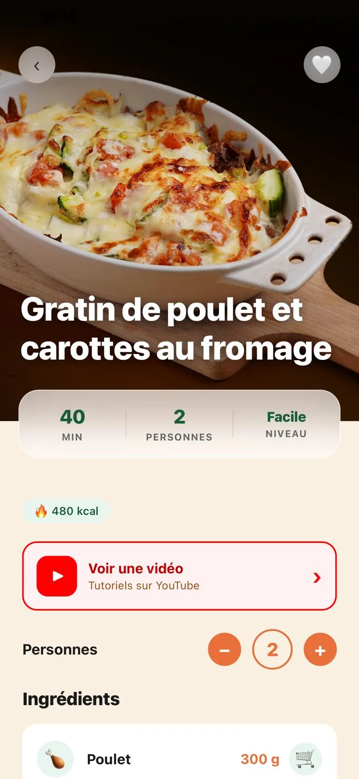 La fiche d'une recette : temps, nombre de personnes, difficulté, calories et ingrédients
