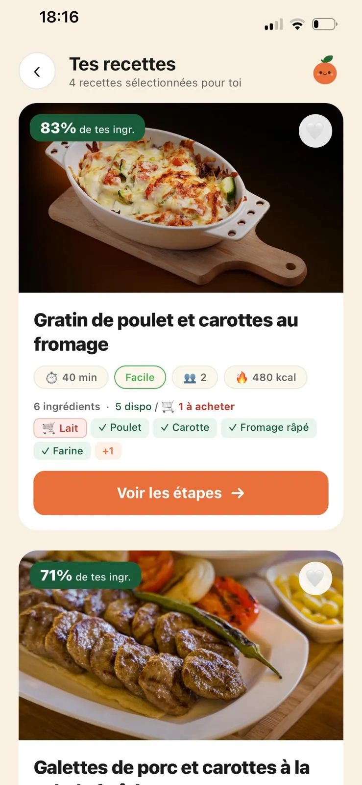 L'écran des recettes de SnapMEAL : un gratin de poulet et carottes au fromage, avec 5 ingrédients sur 6 déjà chez toi et 1 à acheter